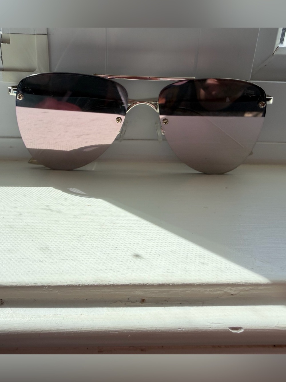 Le Specs Rimless Aviator Sunglasses with Pink Lenses - Picture 4 of 5